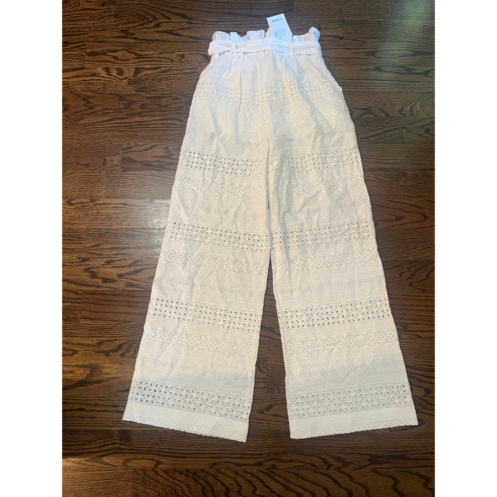 Suboo Blanca Paperbag Pants White Eyelet Lace Wide Leg Cotton Sz. 4 Nwt — image 2 of 4